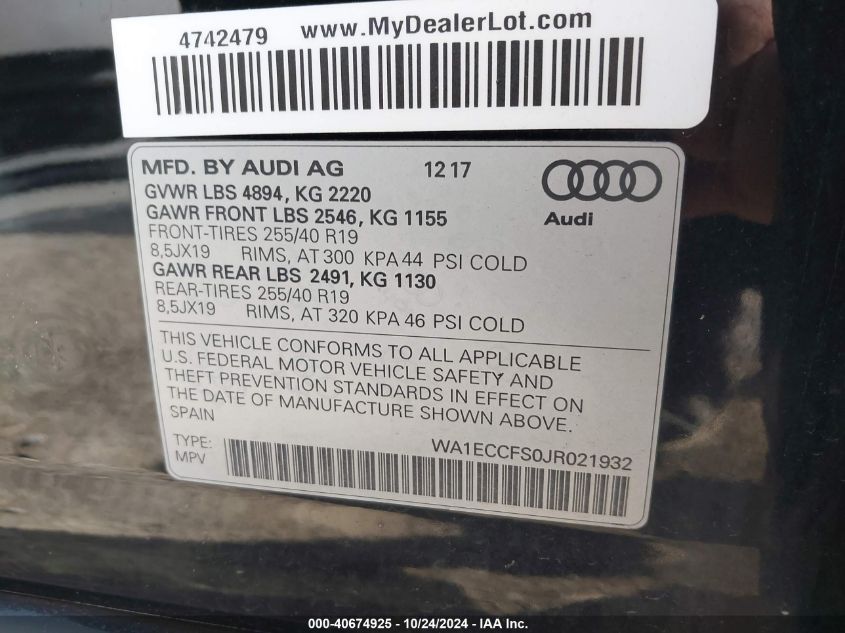 2018 Audi Q3 2.0T Premium/2.0T Sport Premium VIN: WA1ECCFS0JR021932 Lot: 40674925