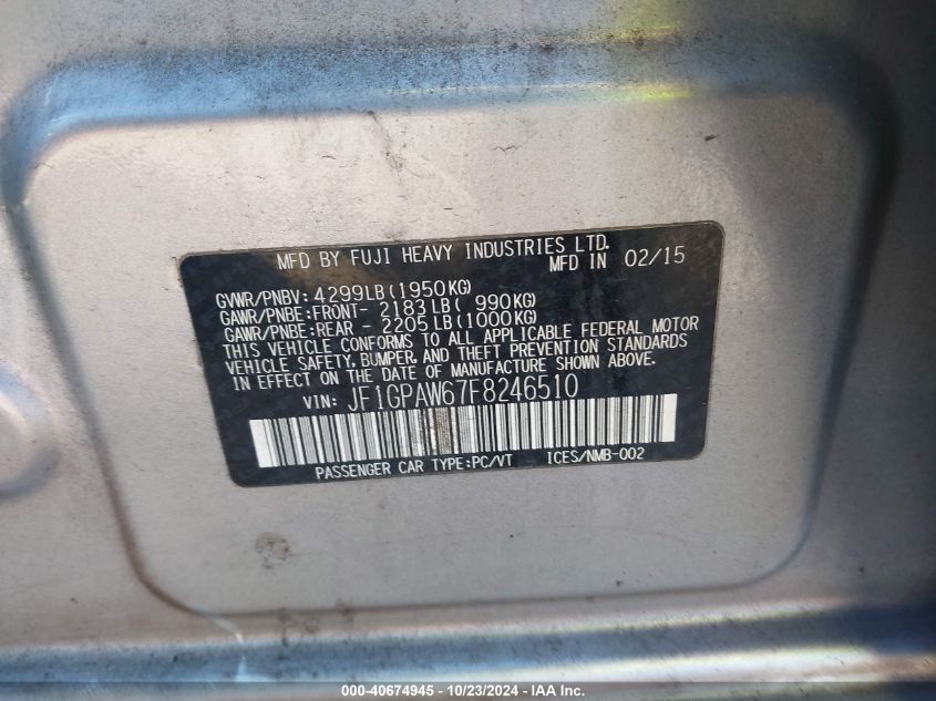 2015 Subaru Impreza 2.0I Sport Limited VIN: JF1GPAW67F8246510 Lot: 40674945