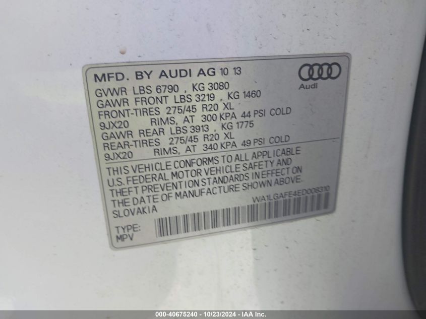 2014 Audi Q7 3.0T Premium VIN: WA1LGAFE4ED008310 Lot: 40675240