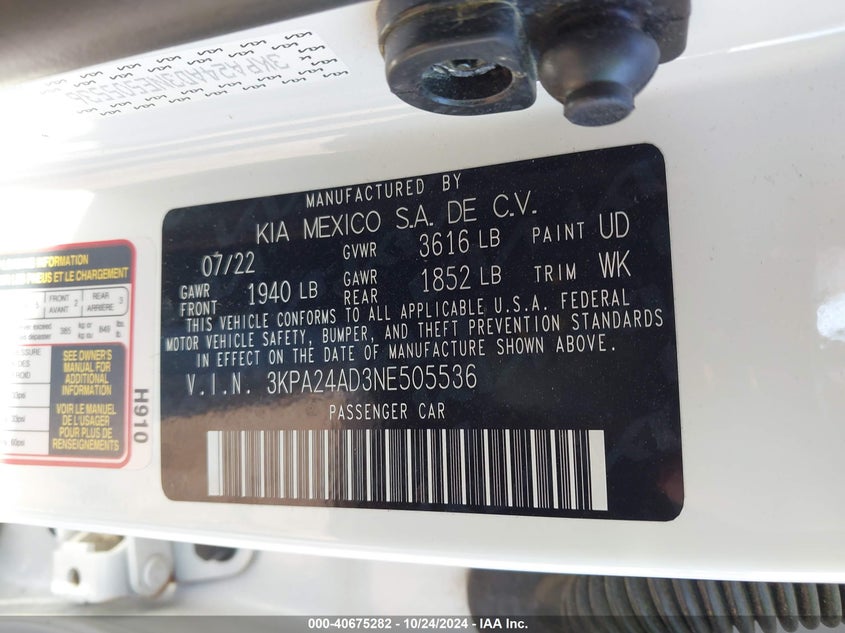 VIN 3KPA24AD3NE505536 2022 KIA RIO S