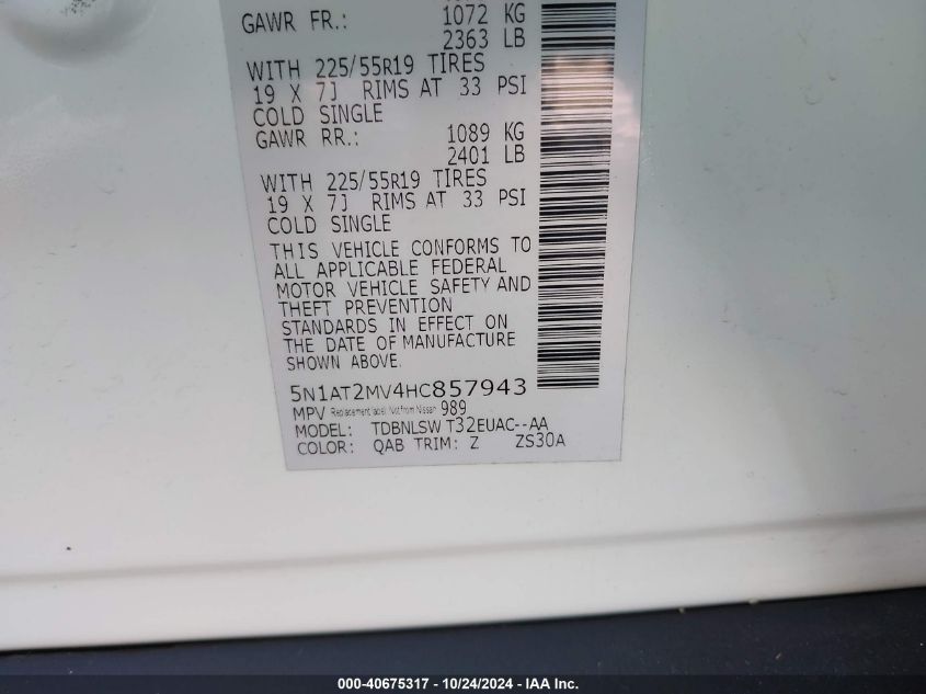 VIN 5N1AT2MV4HC857943 2017 NISSAN ROGUE SL