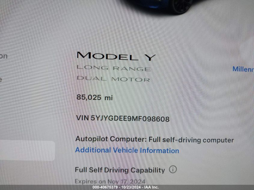 2021 Tesla Model Y Long Range Dual Motor All-Wheel Drive VIN: 5YJYGDEE9MF098608 Lot: 40675379