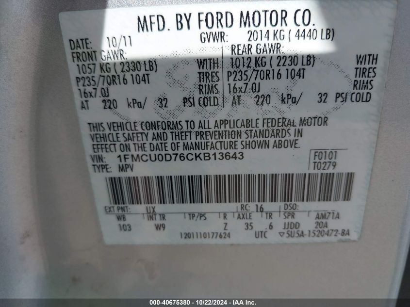 2012 Ford Escape Xlt VIN: 1FMCU0D76CKB13643 Lot: 40675380