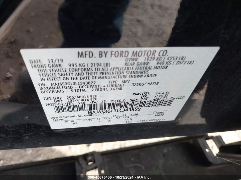 2020 Ford Ecosport Se VIN: MAJ6S3GL3LC343822 Lot: 40675436