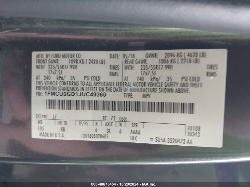 VIN 1FMCU0GD1JUC49360 2018 FORD ESCAPE SE