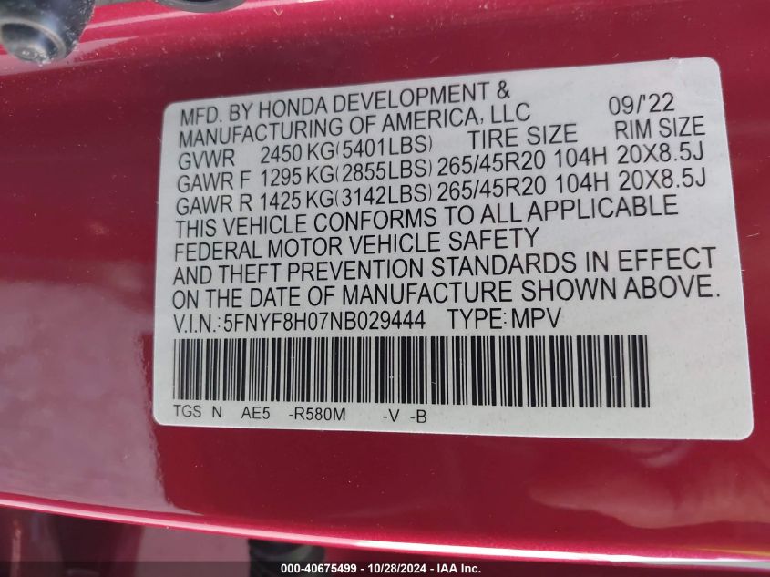 2022 Honda Passport Elite VIN: 5FNYF8H07NB029444 Lot: 40675499