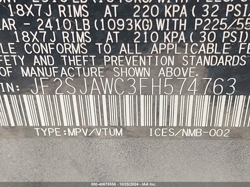 2015 Subaru Forester 2.5I Touring VIN: JF2SJAWC3FH574763 Lot: 40675558