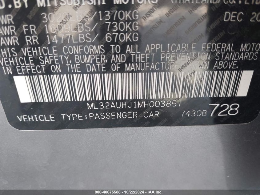 2021 Mitsubishi Mirage Carbonite Edition/Es/Le VIN: ML32AUHJ1MH003851 Lot: 40675588