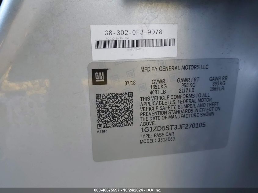 2018 CHEVROLET MALIBU VIN: 1G1ZD5ST3JF270105