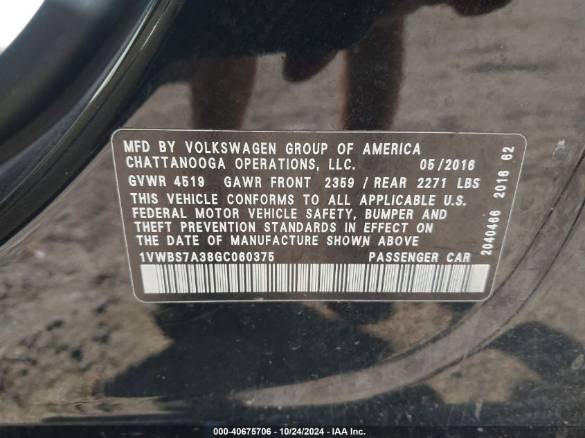 2016 Volkswagen Passat 1.8T Se VIN: 1VWBS7A38GC060375 Lot: 40675706