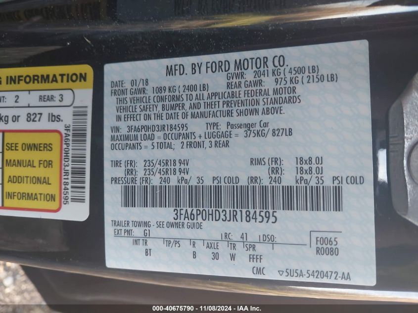 2018 FORD FUSION SE - 3FA6P0HD3JR184595