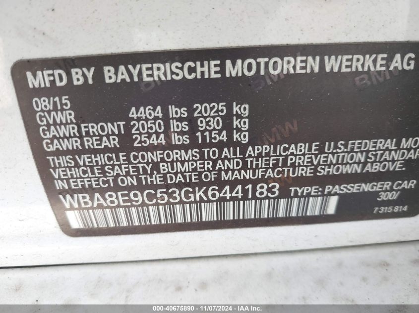 2016 BMW 328I VIN: WBA8E9C53GK644183 Lot: 40675890