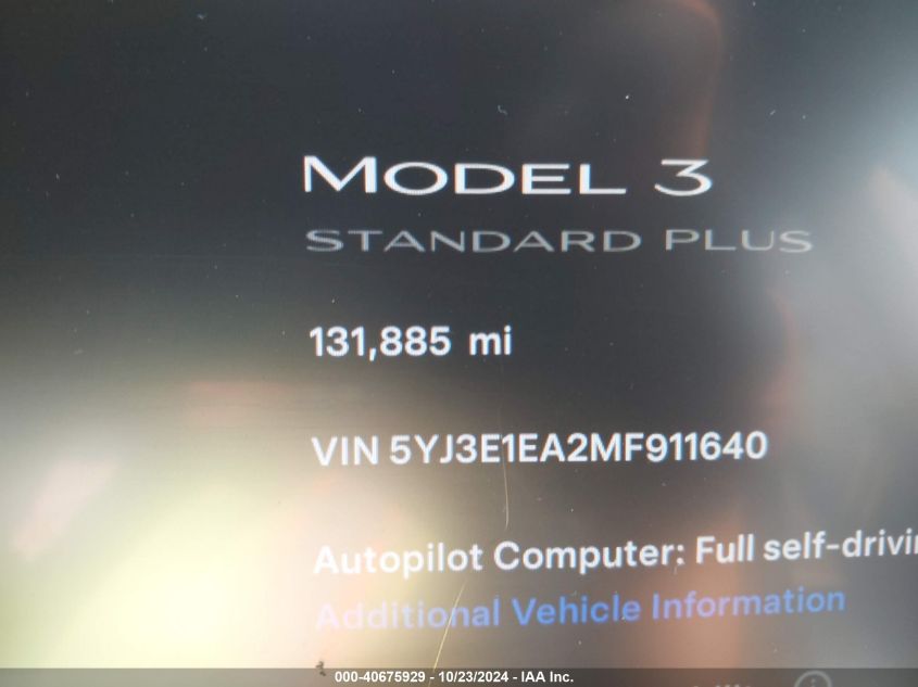 2021 Tesla Model 3 Standard Range Plus Rear-Wheel Drive VIN: 5YJ3E1EA2MF911640 Lot: 40675929