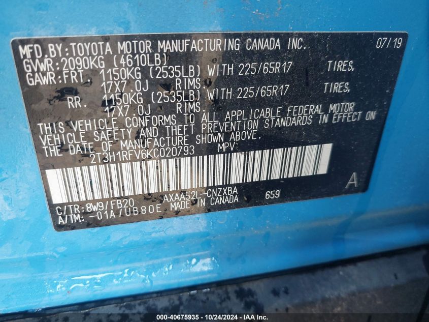 VIN 2T3H1RFV6KC020793 2019 TOYOTA RAV4 LE