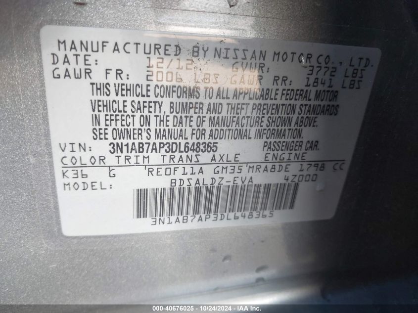 2013 Nissan Sentra Sv VIN: 3N1AB7AP3DL648365 Lot: 40676025