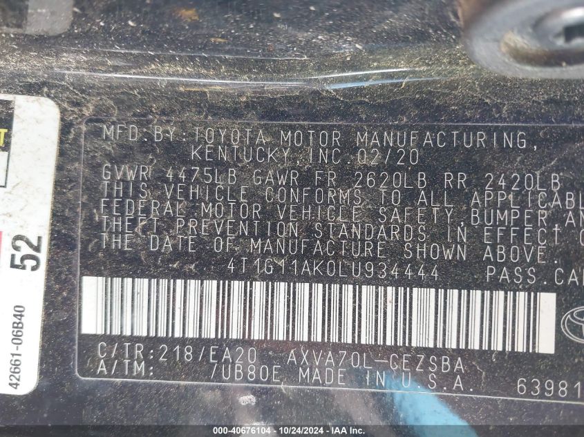 2020 TOYOTA CAMRY SE - 4T1G11AK0LU934444