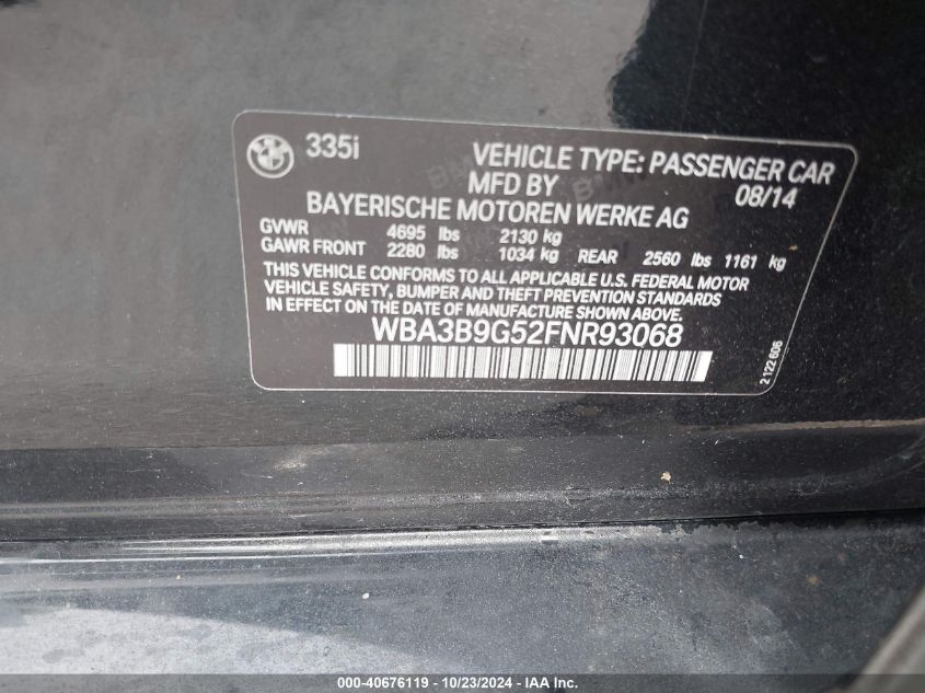 2015 BMW 335I xDrive VIN: WBA3B9G52FNR93068 Lot: 40676119