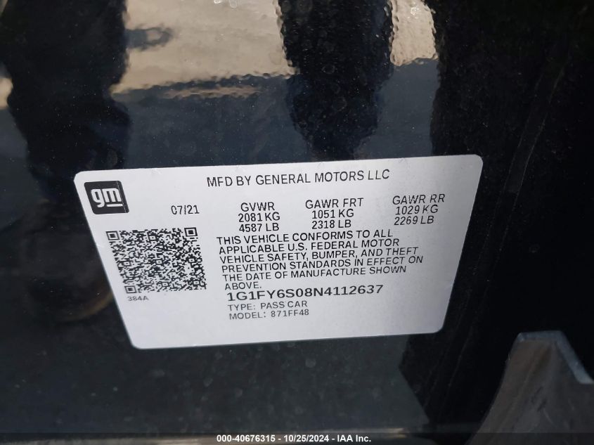 2022 Chevrolet Bolt Euv Lt VIN: 1G1FY6S08N4112637 Lot: 40676315