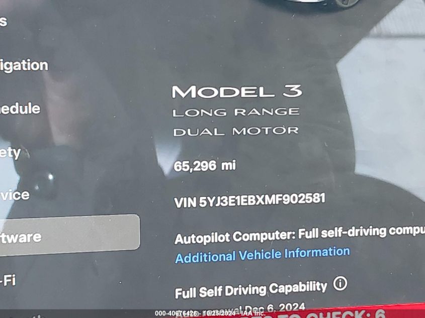 2021 Tesla Model 3 Long Range Dual Motor All-Wheel Drive VIN: 5YJ3E1EBXMF902581 Lot: 40676426