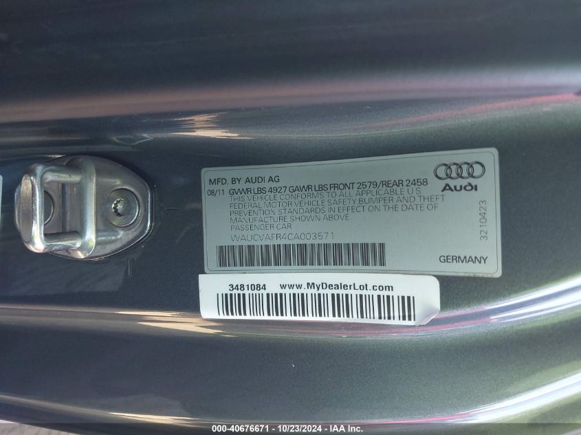 2012 Audi S5 4.2 Premium Plus VIN: WAUCVAFR4CA003571 Lot: 40676671