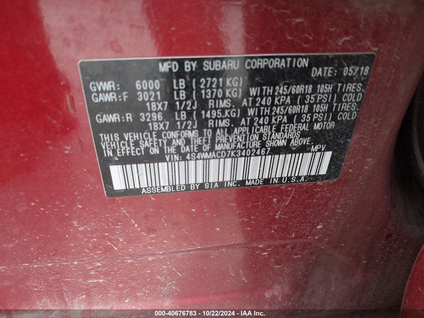 VIN 4S4WMACD7K3402467 2019 SUBARU ASCENT PREMIUM