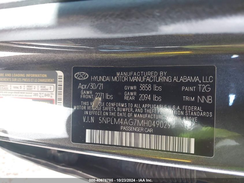 2021 Hyundai Elantra Sel VIN: 5NPLM4AG7MH049029 Lot: 40676785