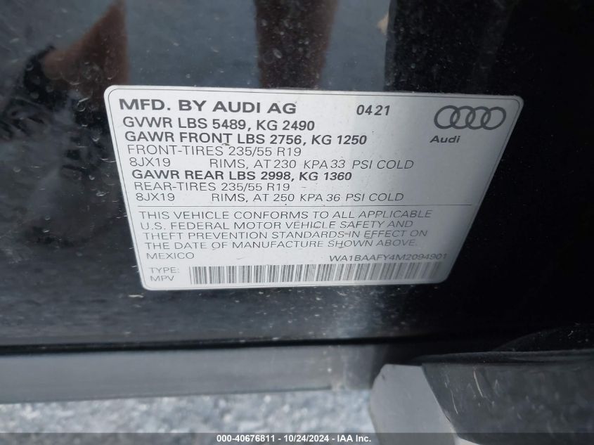 2021 Audi Q5 Premium Plus 45 Tfsi Quattro S Tronic VIN: WA1BAAFY4M2094901 Lot: 40676811