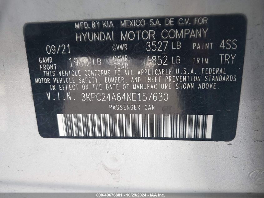 2022 Hyundai Accent Se VIN: 3KPC24A64NE157630 Lot: 40676881