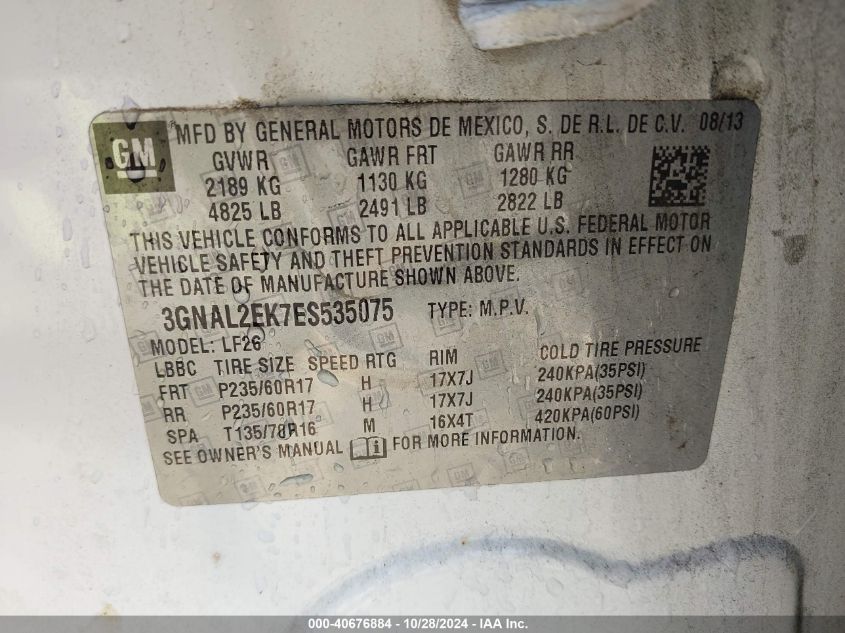 2014 Chevrolet Captiva Sport 2Ls VIN: 3GNAL2EK7ES535075 Lot: 40676884
