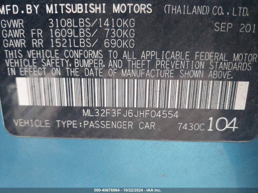 2018 Mitsubishi Mirage G4 Es VIN: ML32F3FJ6JHF04554 Lot: 40676964