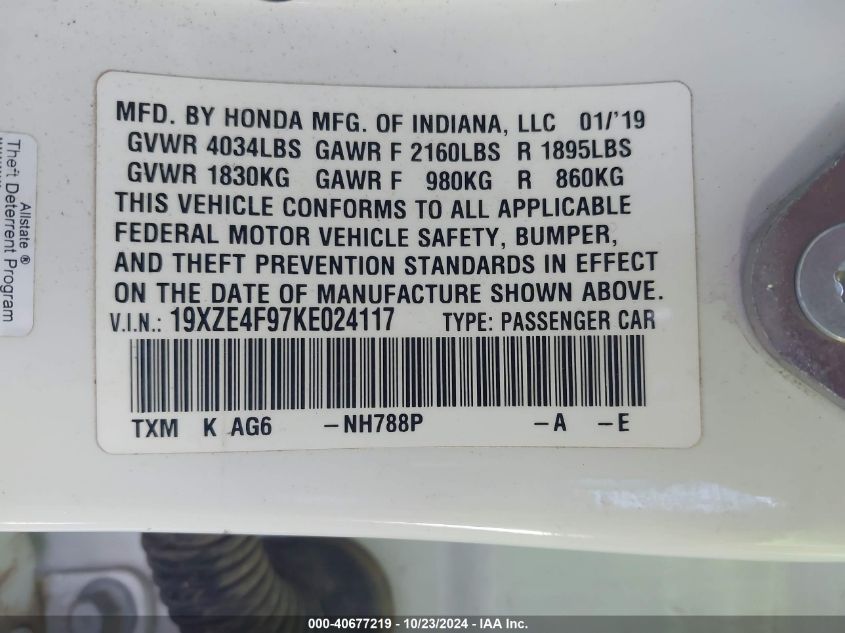 2019 Honda Insight Touring VIN: 19XZE4F97KE024117 Lot: 40677219