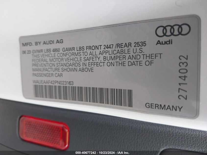 2023 Audi A4 Premium Plus 45 Tfsi S Line Quattro S Tronic VIN: WAUEAAF42PN023163 Lot: 40677242