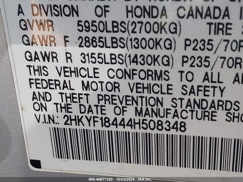 2004 Honda Pilot Ex VIN: 2HKYF18444H508348 Lot: 40677320