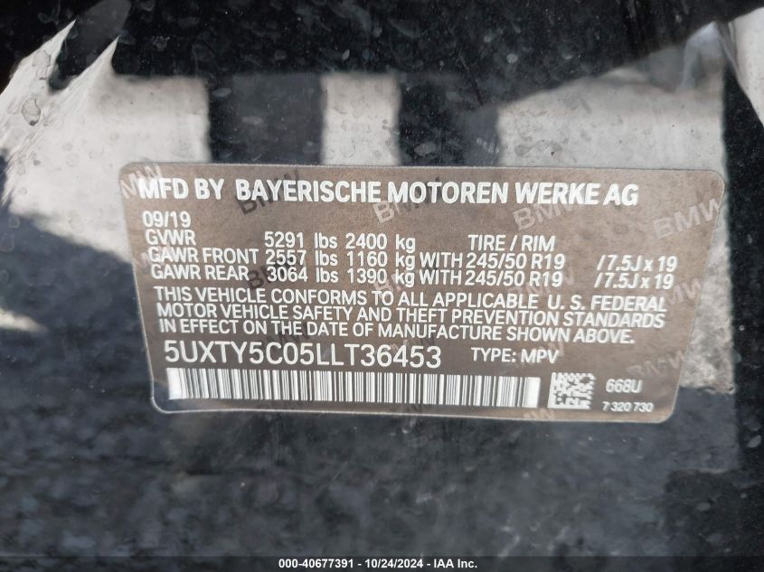 2020 BMW X3 xDrive30I VIN: 5UXTY5C05LLT36453 Lot: 40677391