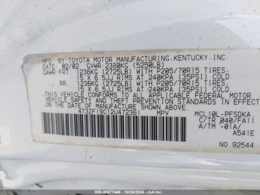 2002 Toyota Sienna Ce VIN: 4T3ZF19C12U472361 Lot: 40677446