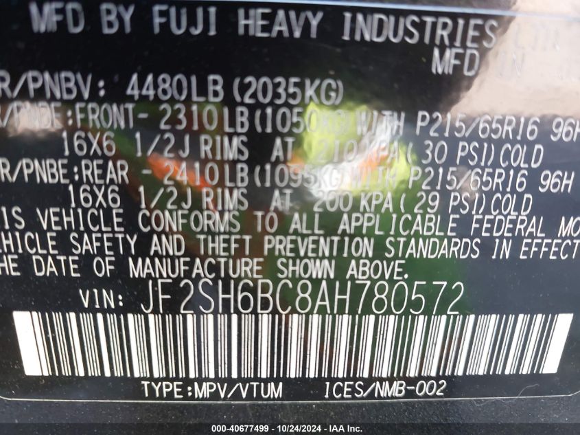 2010 Subaru Forester 2.5X VIN: JF2SH6BC8AH780572 Lot: 40677499