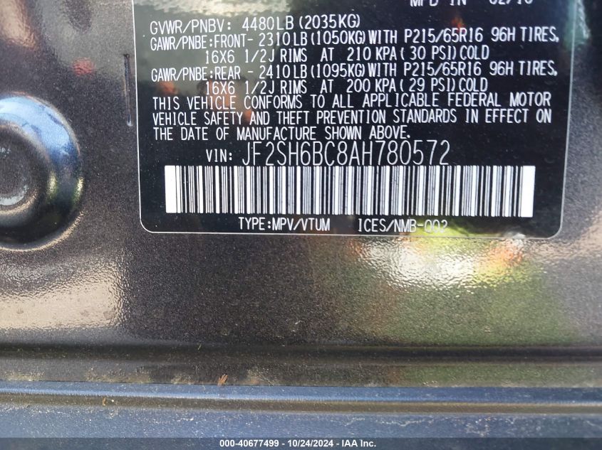 2010 Subaru Forester 2.5X VIN: JF2SH6BC8AH780572 Lot: 40677499