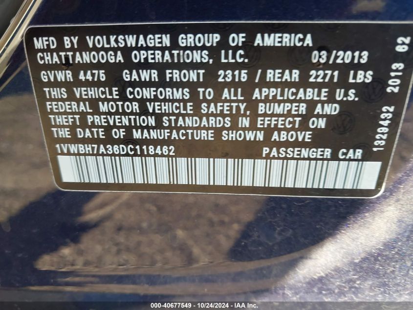 2013 Volkswagen Passat 2.5L Se VIN: 1VWBH7A36DC118462 Lot: 40677549