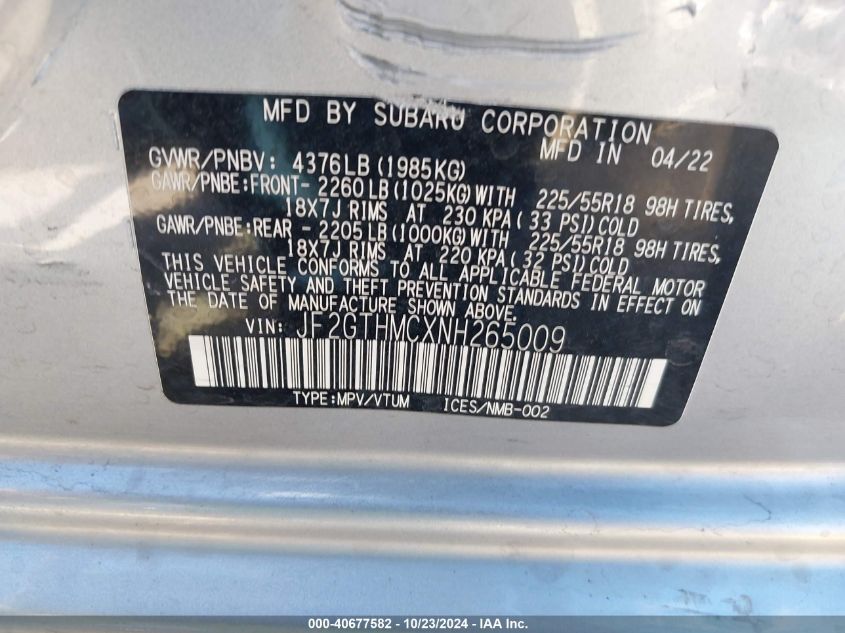 VIN JF2GTHMCXNH265009 2022 SUBARU CROSSTREK LIMITED
