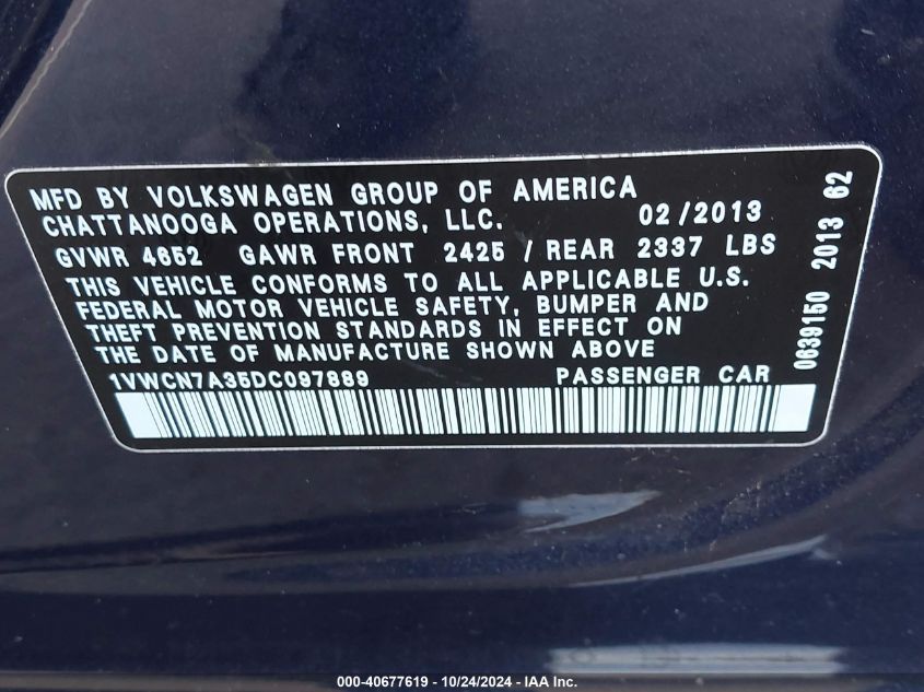 2013 Volkswagen Passat 2.0L Tdi Sel Premium VIN: 1VWCN7A35DC097889 Lot: 40677619