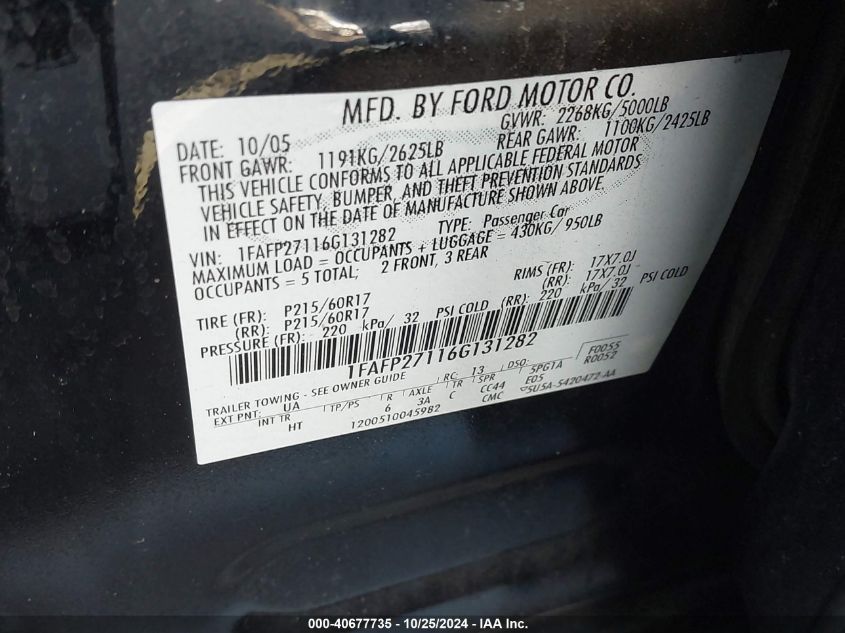 2006 Ford Five Hundred Sel VIN: 1FAFP27116G131282 Lot: 40677735