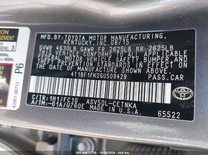 VIN 4T1BF1FK2GU509429 2016 Toyota Camry, LE no.9