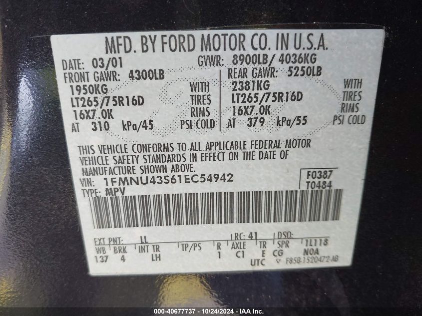 2001 Ford Excursion Limited VIN: 1FMNU43S61EC54942 Lot: 40677737