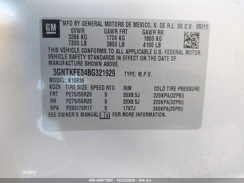 2011 Chevrolet Avalanche 1500 Lt1 VIN: 3GNTKFE34BG321929 Lot: 40677867