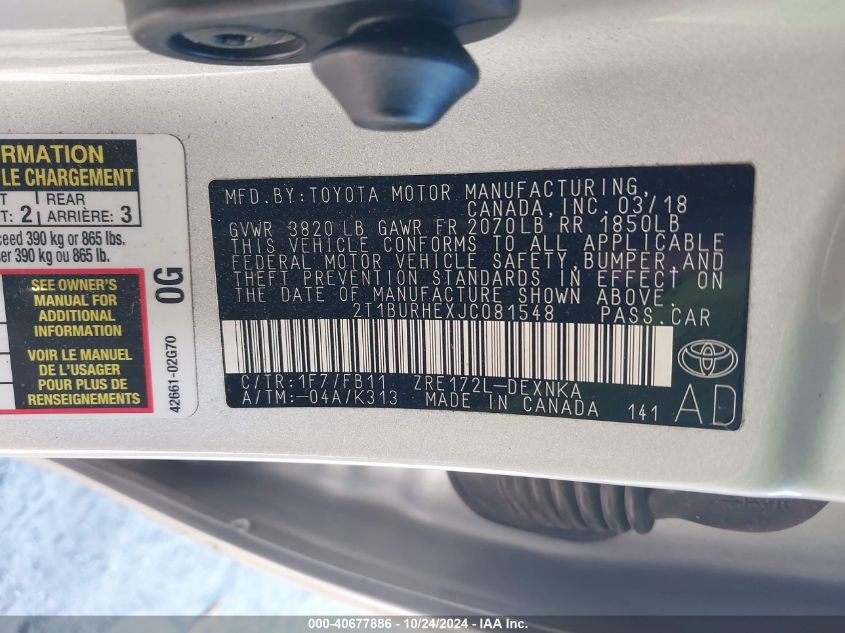 2018 Toyota Corolla Le VIN: 2T1BURHEXJC081548 Lot: 40677886