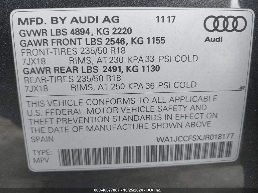 2018 Audi Q3 2.0T Premium/2.0T Sport Premium VIN: WA1JCCFSXJR018177 Lot: 40677887