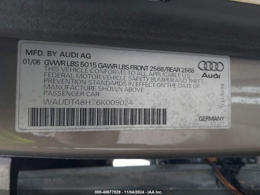 2006 Audi A4 3.0 VIN: WAUDT48H76K009024 Lot: 40677929