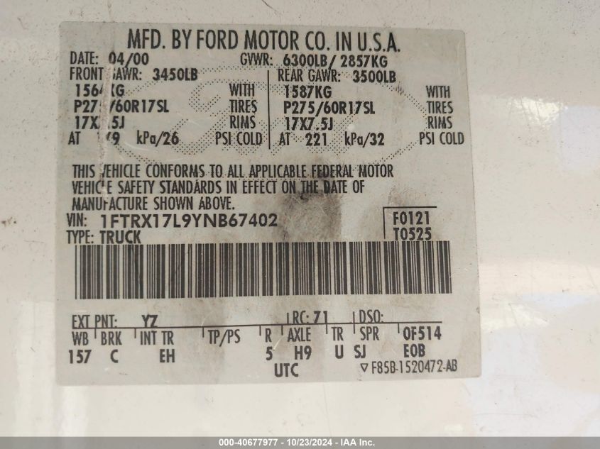 2000 Ford F-150 Lariat/Work Series/Xl/Xlt VIN: 1FTRX17L9YNB67402 Lot: 40677977