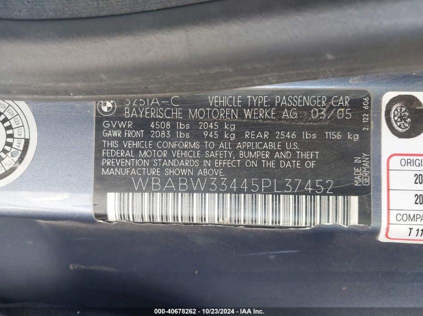 2005 BMW 325Ci VIN: WBABW33445PL37452 Lot: 40678262