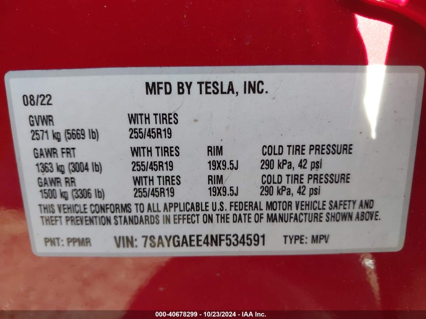 VIN 7SAYGAEE4NF534591 2022 TESLA MODEL Y LONG RANGE DUAL MOTOR ALL-WHEEL DRIVE